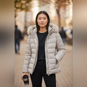 Chic Cream Calvin Klein Down Puffer Jacket with Faux Fur Hood